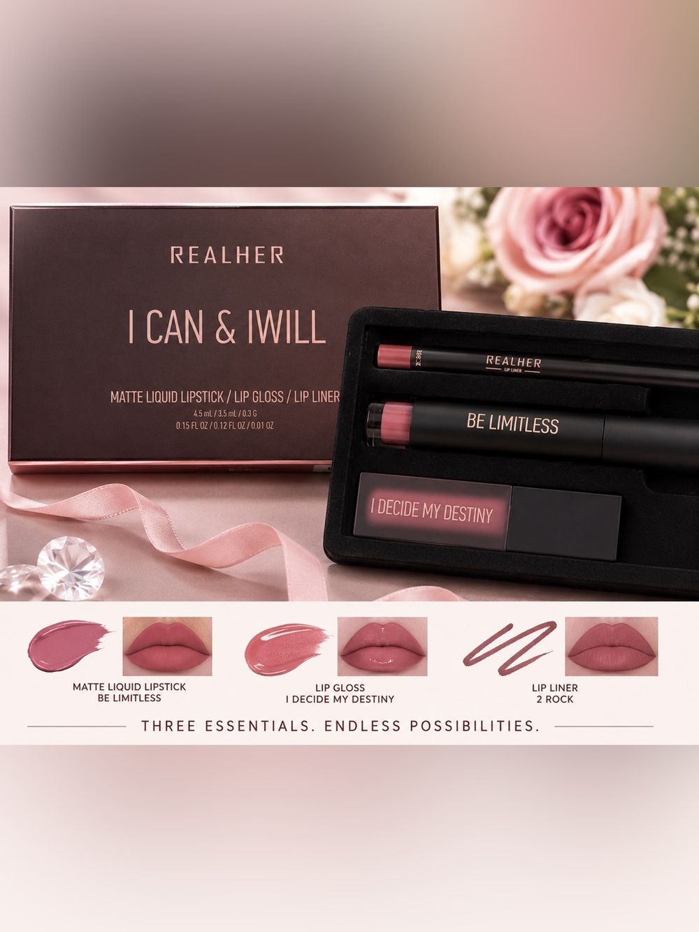 RealHer Liquid Lipstick/Lip Gloss/Lip Liner Set - NEW